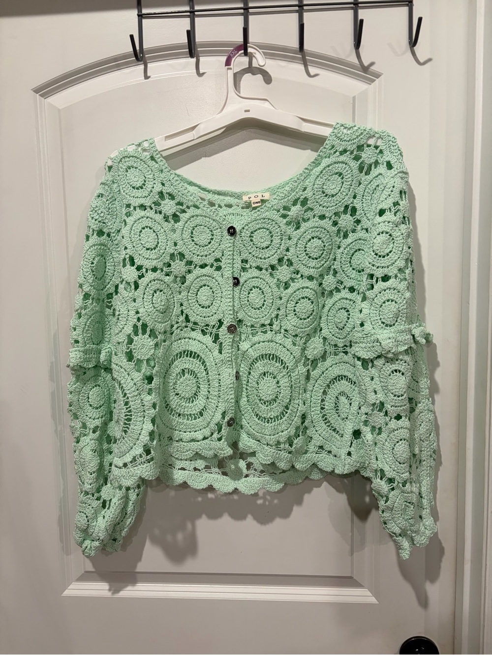 POL Mint Green Crochet Button-Front Women's Top